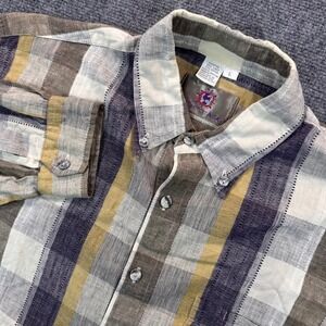 The Territory Ahead Button Down Linen Blend Shirt Men's Large Purple Check Plaid